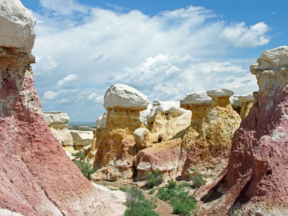 Striped clay hoodoos and white-capped spires at the Paint Mines near Calhan
