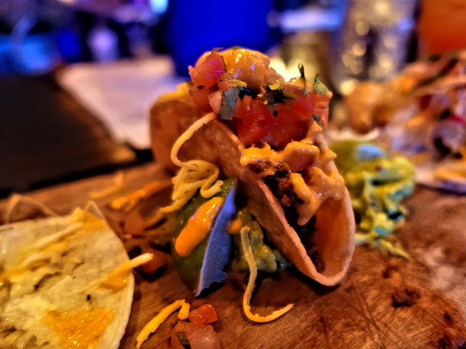 A loaded taco on a plate at Dos Santos on Moreno Avenue in Colorado Springs